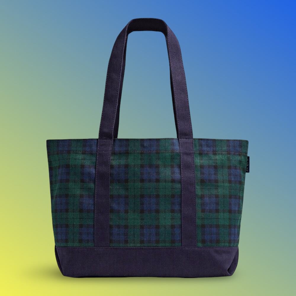 J.Crew Factory Black Watch Plaid Packable Canvas Tote Bag NWT Green Navy Snap